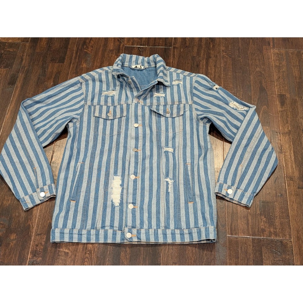 Umgee USA Denim Jacket Womens Large Blue White Striped Distressed Button‎ Front